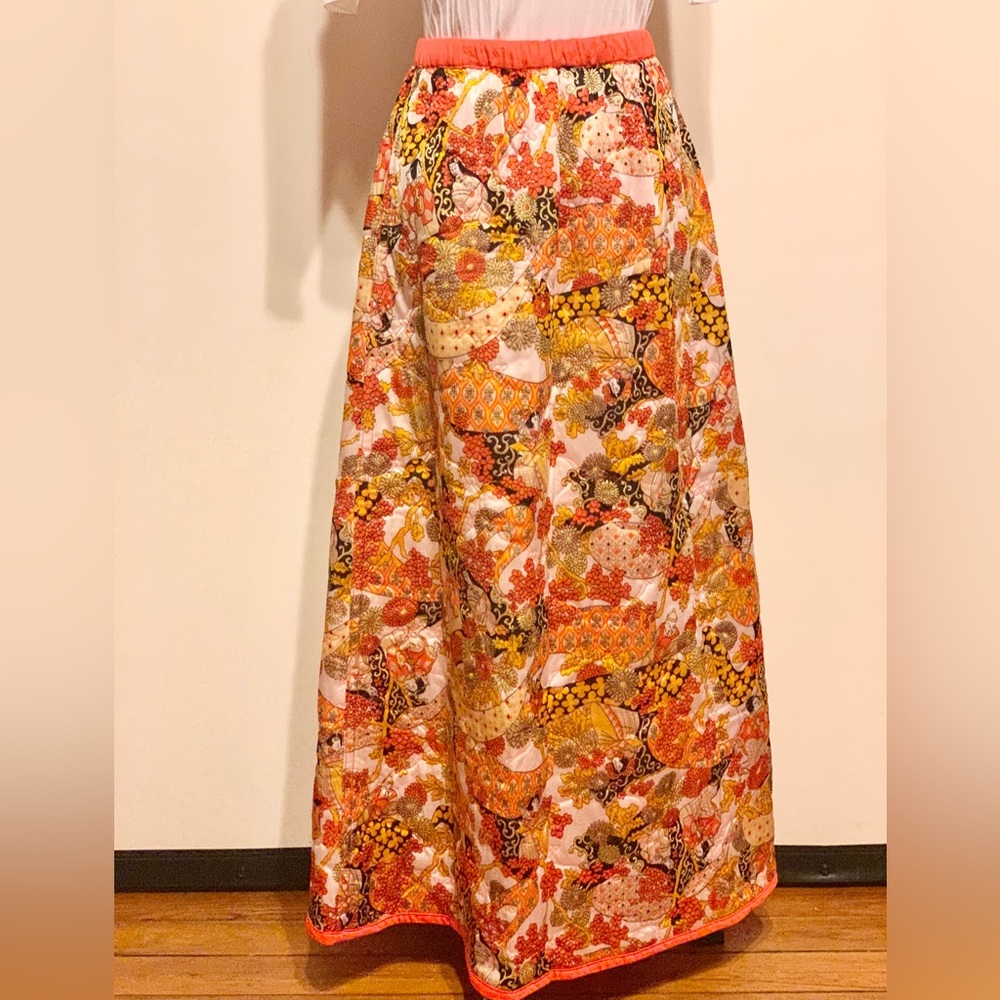 Custom Made Vintage 1960s Quilted Reversible Skirt With Japanese Iconography
